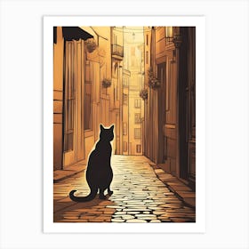 Black Cat In A Sunset Alley Art Print