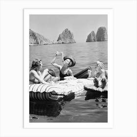 Women Eating Pasta, Women Relaxing on Float on a Lake, Vintage Black and White Old Photo Art Print