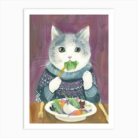 Grey Cat Eating Salad Folk Illustration 3 Art Print