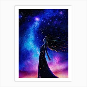 Cosmic Woman Draped In Stardust Beneath An Expansive Nightfall Sky Milky Way Swirling With Celesti Art Print