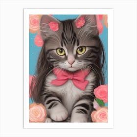 Cute Kitten With Pink Roses Art Print