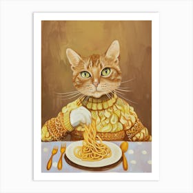 Cute Brown White Cat Eating Pasta Folk Illustration 4 Art Print