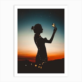 Silhouette Of A Woman Holding A Flower Art Print