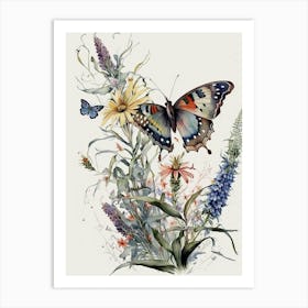 Butterfly And Wildflowers Watercolor Art Print