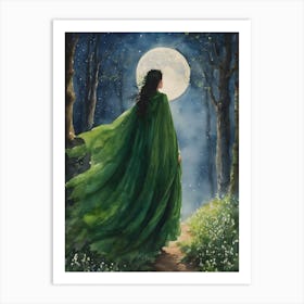 Green Maiden of the Moon ~ Lunar Gazing Moon Phases Witchy Artwork Fairytale Watercolour Pagan Painting Altar Cards - Tarot Oracle Witchcore Cottagecore Enchanted Forest Mysterious Woods Yoga Meditation Spiritual Awakening, Third Eye Heart Chakra Healing Goddess Ostara Festival Art Print