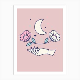 Hand, Moon And Roses Art Print
