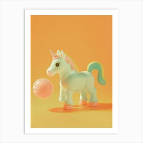 Toy Unicorn Playing Soccer Orange Pastel Art Print
