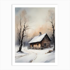Rustic Winter Oil Painting Vintage Cottage (16) Art Print