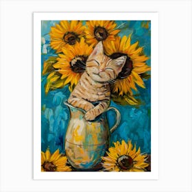 Cat With Sunflowers Art Print