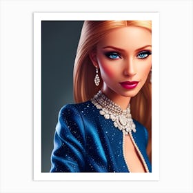 Beautiful Blonde Fashion Doll In Blue Dress Ai Art Portrait Art Print