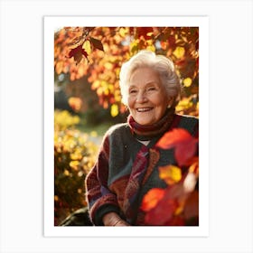 Elderly Woman Smiles Surrounded By A Vibrant Array Of Fall Foliage Golden And Crimson Leaves Frame 2 1 Art Print