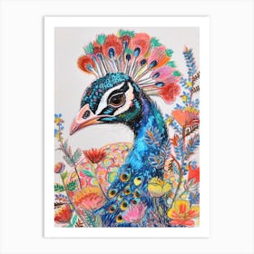 Floral Peacock Portrait Illustration 1 Art Print