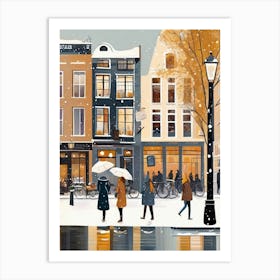 Amsterdam cafes, winter season, Christmas, autumn oil colors, pale colors, pedestrians in the street, winter clothes, falling snow.6 Art Print