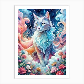 Fantasy Cat Watercolor Cosmic Cat Art Print