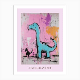 Dinosaur With Pet Blue Purple Pink 3 Poster Art Print