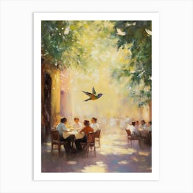 An Impressionist Oil Painting Depicting A Street Cafe Where People Rest Together And Eat Art Print