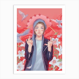 Protest! Religious Girl With Doves and Flowers Art Print