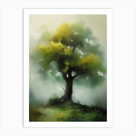 Oak tree, fine work of art, misty atmosphere, green meadow..8 Art Print