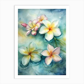 3 Frangipani Flowers Floating In Water (1) Art Print