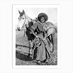 Black Cowgirl And Her Horse, Western Aesthetic,Vintage Black and White Old Photo Art Print