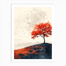 Red Tree On A Hill Art Print