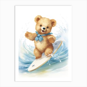 Surfing Teddy Bear Painting Watercolour 4 Art Print