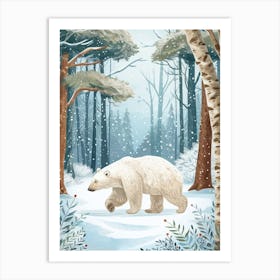 Polar Bear Walking Through A Snow Covered Forest Storybook Illustration 3 Art Print