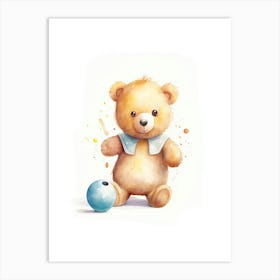 Bowling Teddy Bear Painting Watercolour 4 Art Print