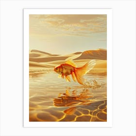 Elephant Sized Goldfish Swimming Through A Surreal Desert Landscape Dunes Rippling Like Water Waves Art Print