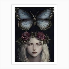 Dark Gothic Butterfly On A Girl'S Head Art Print