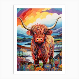 Colourful Patchwork Illustration Of Highland Cow Art Print