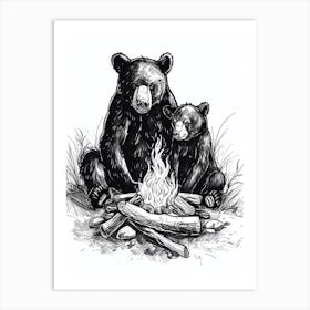 Malayan Sun Bear Sitting Together By A Campfire Ink Illustration 4 Art Print