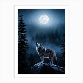 Howling Wolf Center Frame Midnight Wilderness Backdrop Full Moon Casting Silver Illumination Thro Art Print