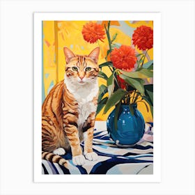 Cymbidium Orchid Flower Vase And A Cat, A Painting In The Style Of Matisse 0 Art Print