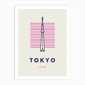 Navy And Pink Minimalistic Line Art Tokyo Art Print