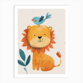 Small Joyful Lion With A Bird On Its Head 11 Art Print