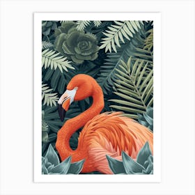Andean Flamingo And Bromeliads Minimalist Illustration 2 Art Print