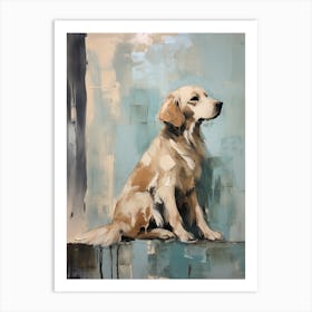 Golden Retriever Dog, Painting In Light Teal And Brown 0 Art Print