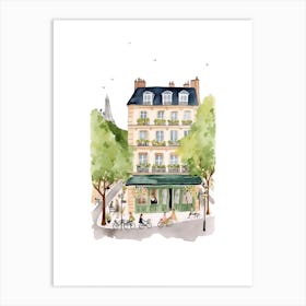 Paris Street Cafe Scene Illustration Sage Blue Watercolour 3 Art Print