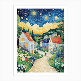 Colorful Summer Village Houses In Starry Night Art Print Art Print