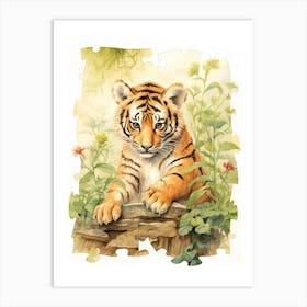 Tiger Illustration Solving Puzzles Watercolour 4 Art Print