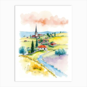 Watercolor Landscape With Village Art Print