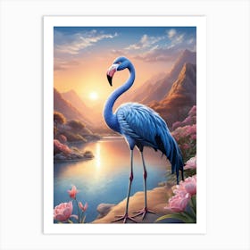 Floral Blue Flamingo Painting (43) Art Print