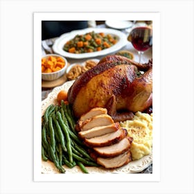 An Inviting Traditional Thanksgiving Feast Is Spread Out Highlighting A Tenderly Roasted Turkey Wit (7) Art Print