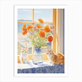 Cat With Daises Flowers Watercolor Mothers Day Valentines 7 Art Print