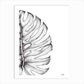 Black and White Monsteria Leaf Left Art Print