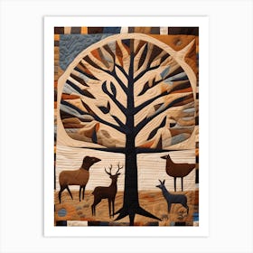 'Animals under the tree' American Quilting Inspired Folk Art with Earth Tones, 1388 Art Print