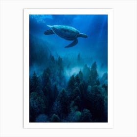 A Sea Turtle Swims Over The Trees 1 Art Print