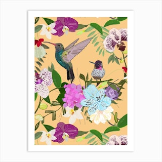 Orchid, Alstromerias And Cute Humming Birds Pattern Art Print