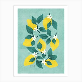 Lemon Blossom on Duck Egg Blue Art Print